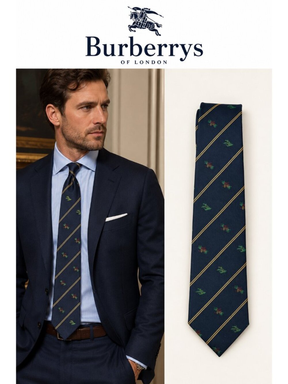 Burberry London 100% Silk Navy Striped Pinecone Motif Men’s Tie Made Italy